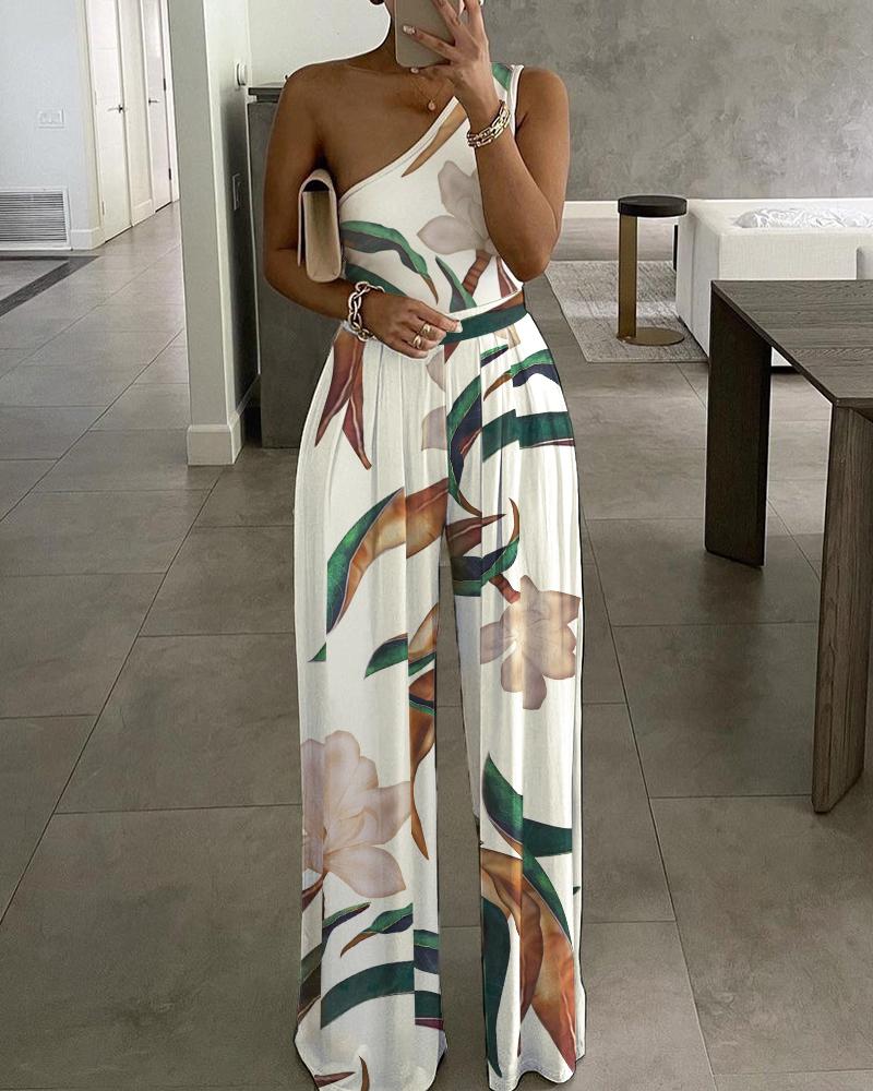 

Plants Print One Shoulder Wide Leg Jumpsuit, Multicolor