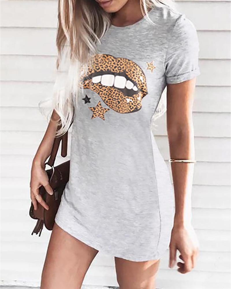 

Star Lip Leopard Print Casual Dress, Gray