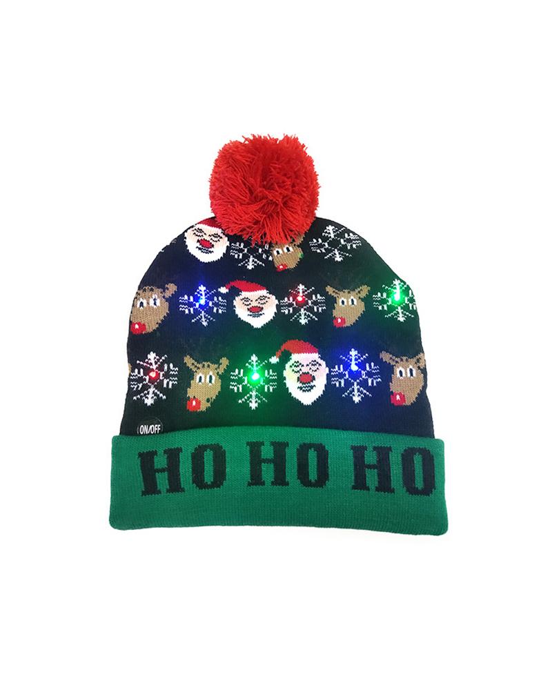

1pc Christmas Pom Pom Decor LED Light Knitted Beanie, Style3