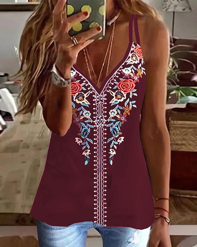 

Floral Tribal Print Casual Cami Top, Wine red