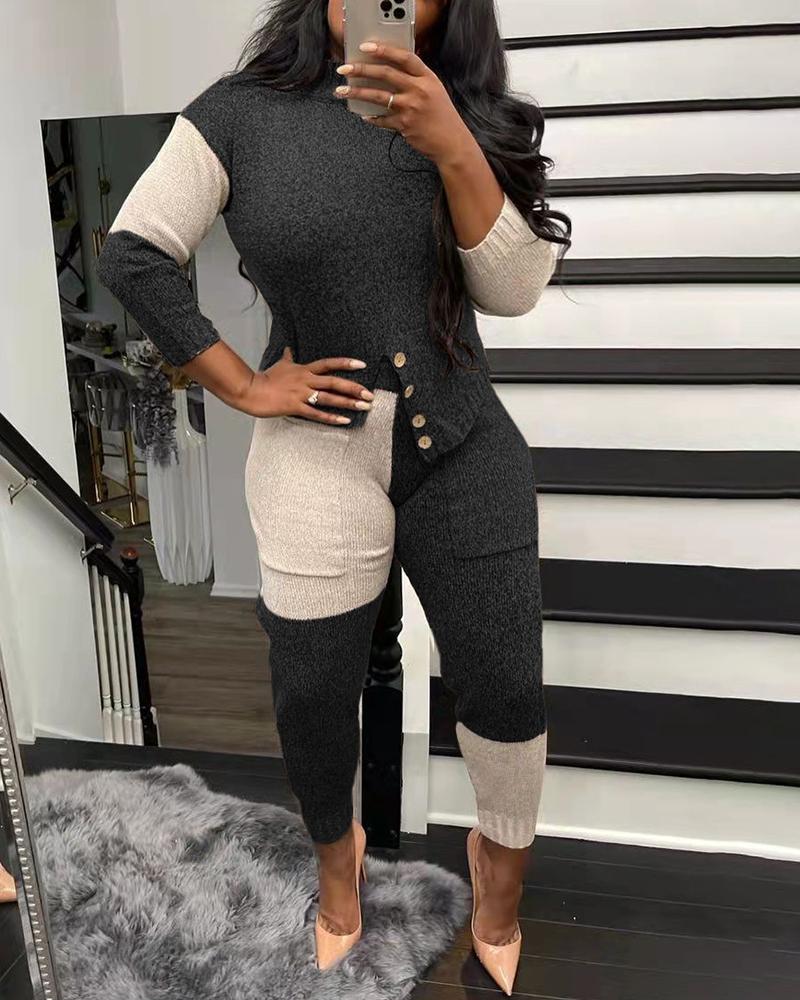 

Colorblock Long Sleeve Sweater & High Waist Pants Set, Black
