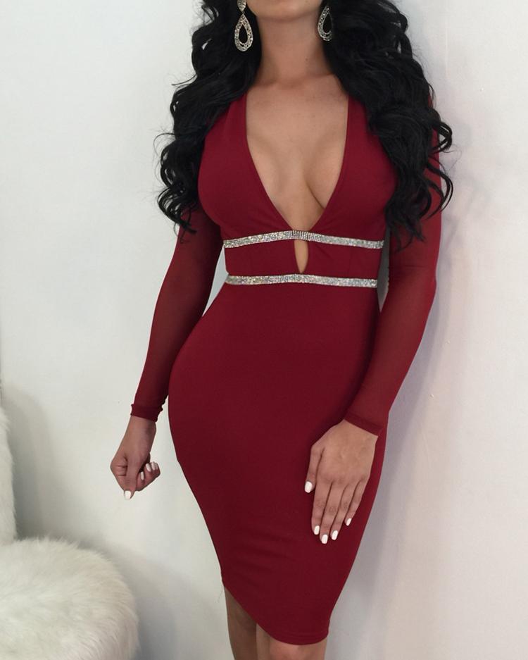 

Sexy Sequin Deep V Bodycon Dress, Red
