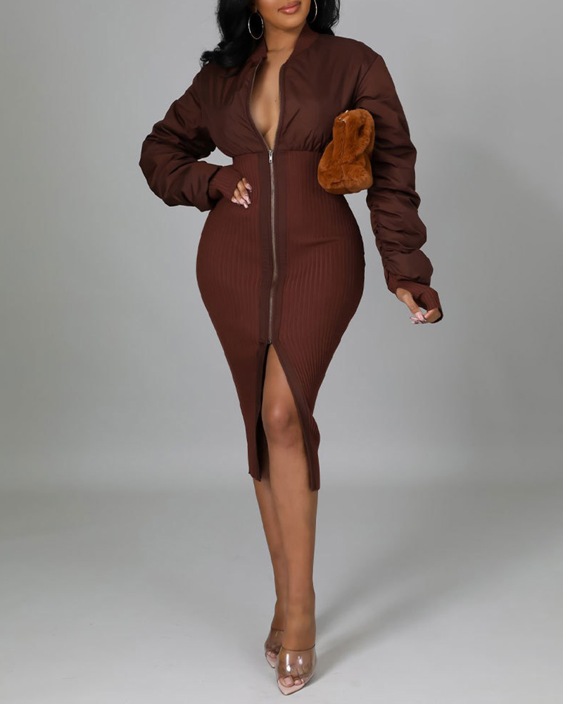 

Zipper Design Long Sleeve Ruched Casual Dress, Wine red