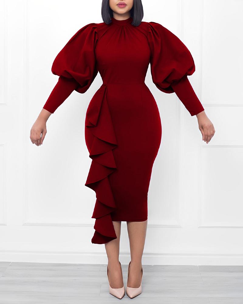 

Ruffle Detail Gigot Sleeve Party Dress, Red