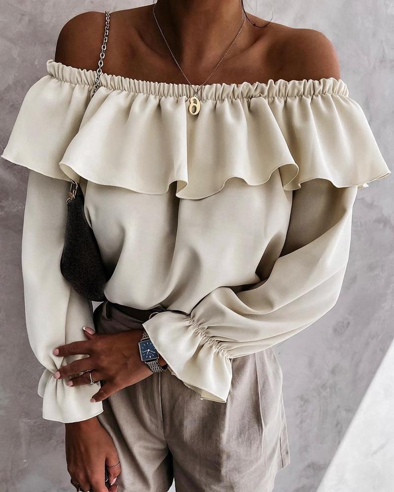 

Off Shoulder Ruffles Long Sleeve Top, Apricot