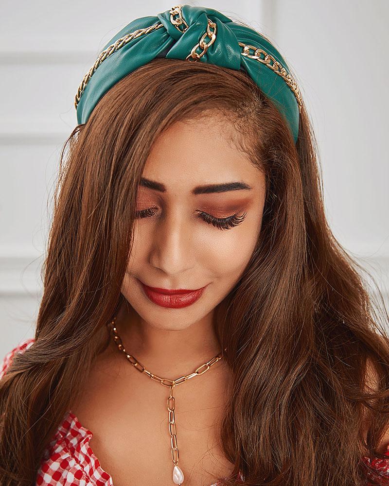 

Chain Decor Twisted Wide Headband PU Leather Hair Accessory, Green