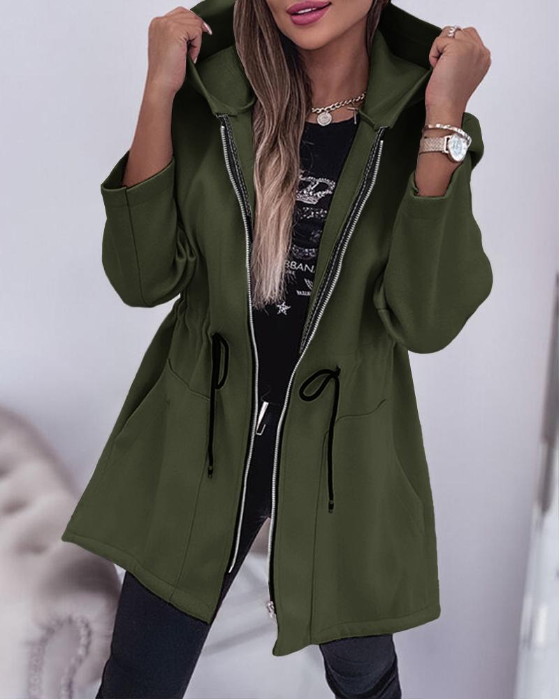 

Pocket Zipper Design Drawstring Hooded Coat, Army green