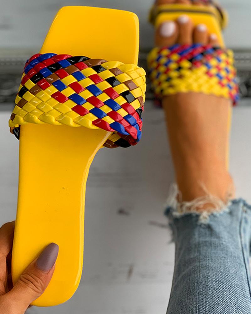 

Braided Colorblock Square Toe Flat Sandals, Yellow
