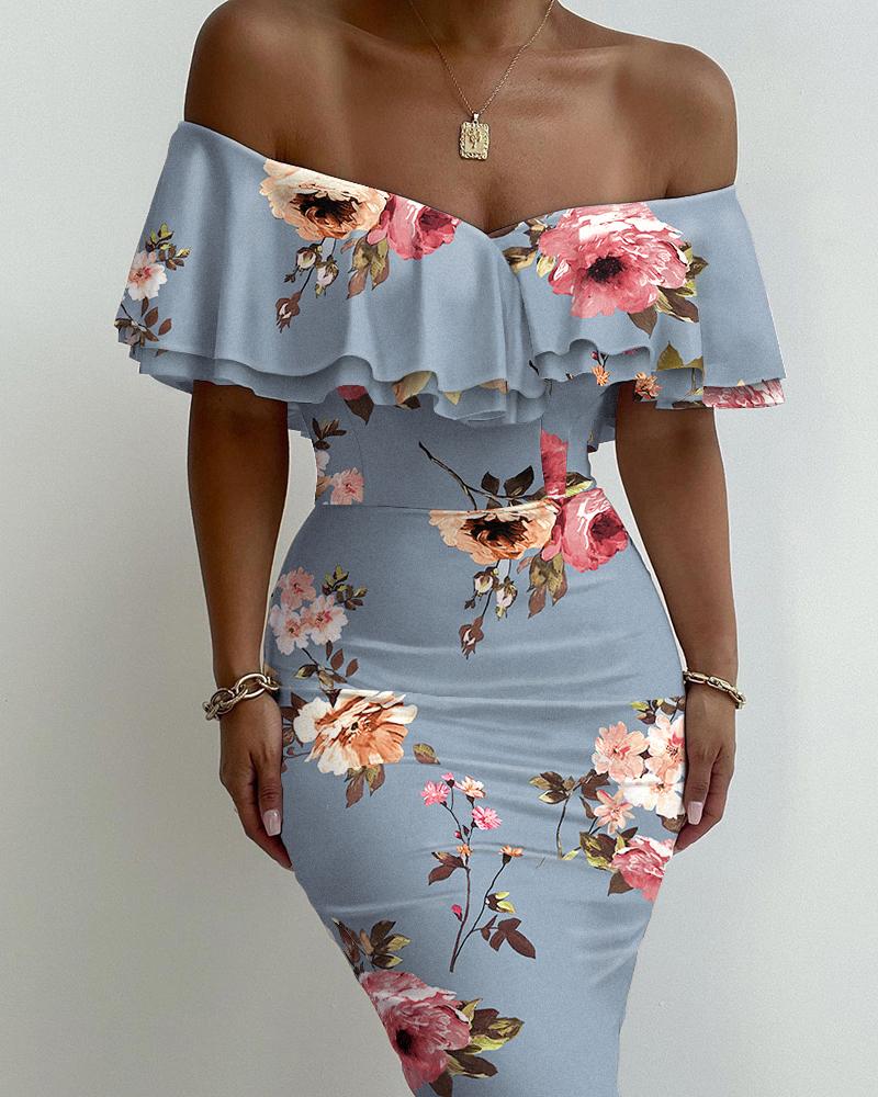 

Floral Print Layered Ruffle Trim Off Shoulder Bodycon Dress, Blue