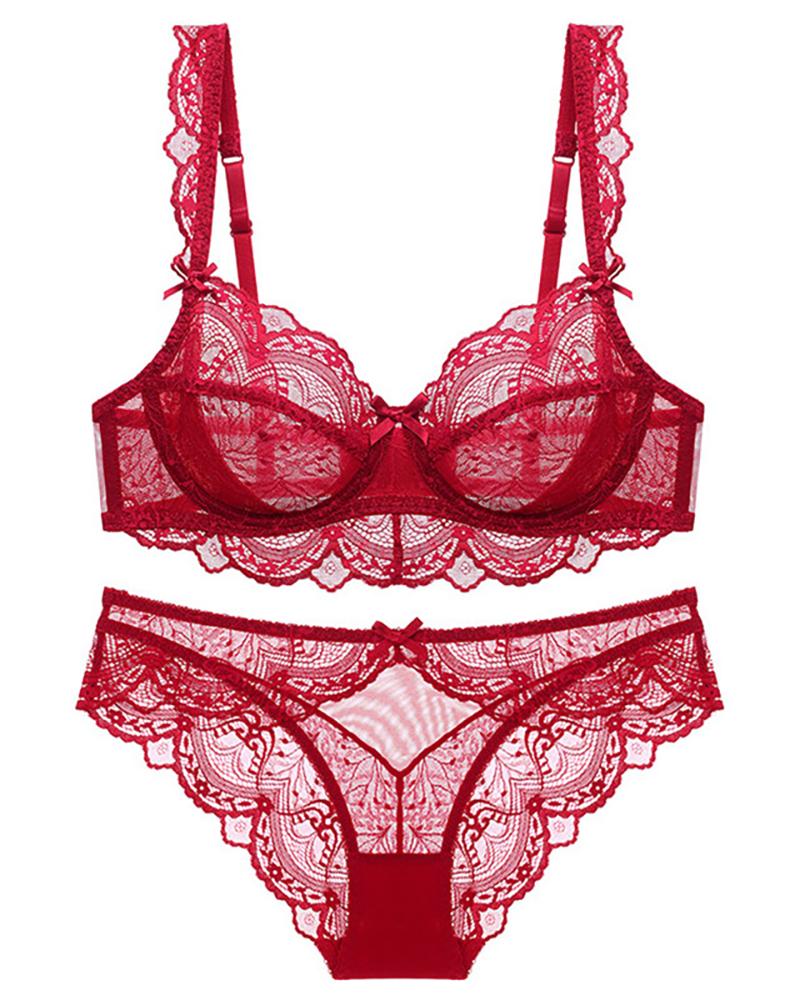 

Chantilly Lace Sheer Mesh Bra Set, Wine red