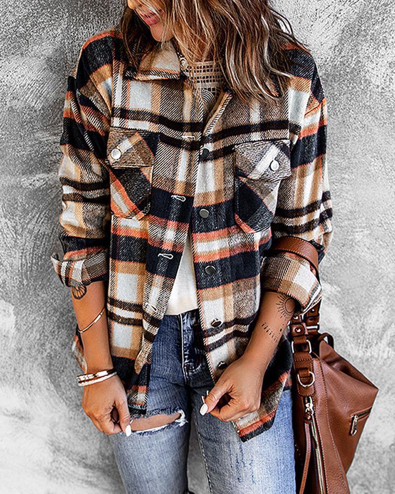 

Plaid Print Long Sleeve Button Down Shacket, Orange