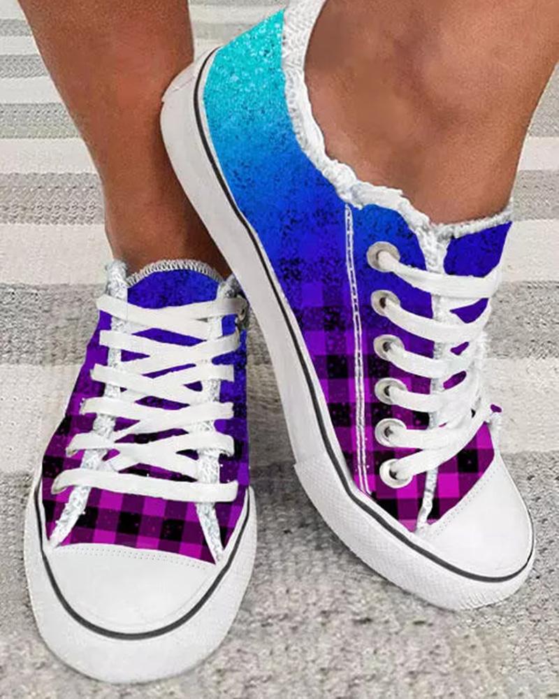 

Gradient Plaid Frayed Lace Up Canvas Sneakers, Multicolor