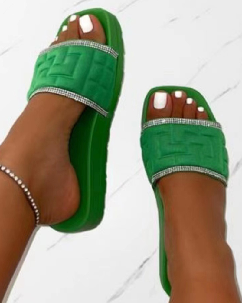 

Rhinestone Contrast Paneled Wide Strap Slippers, Green