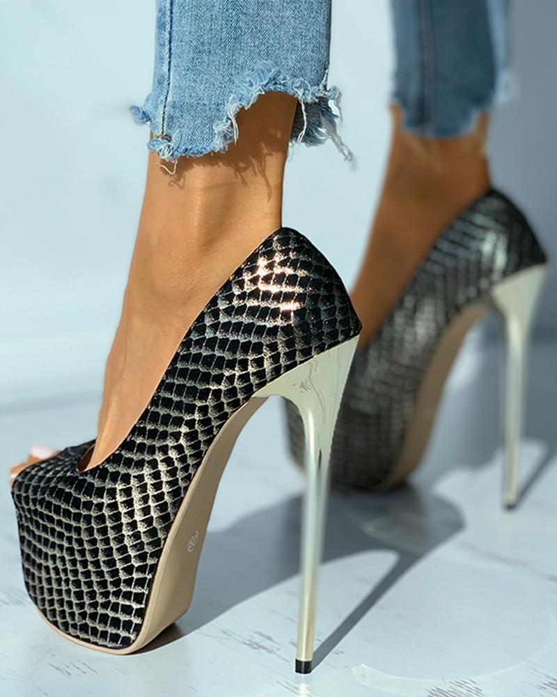 

Peep Toe Snakeskin Pattern Stiletto Heel, Gold