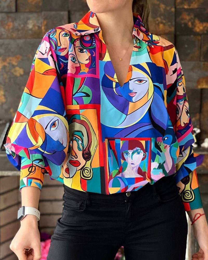 

Figure Print Lantern Sleeve Top, Multicolor