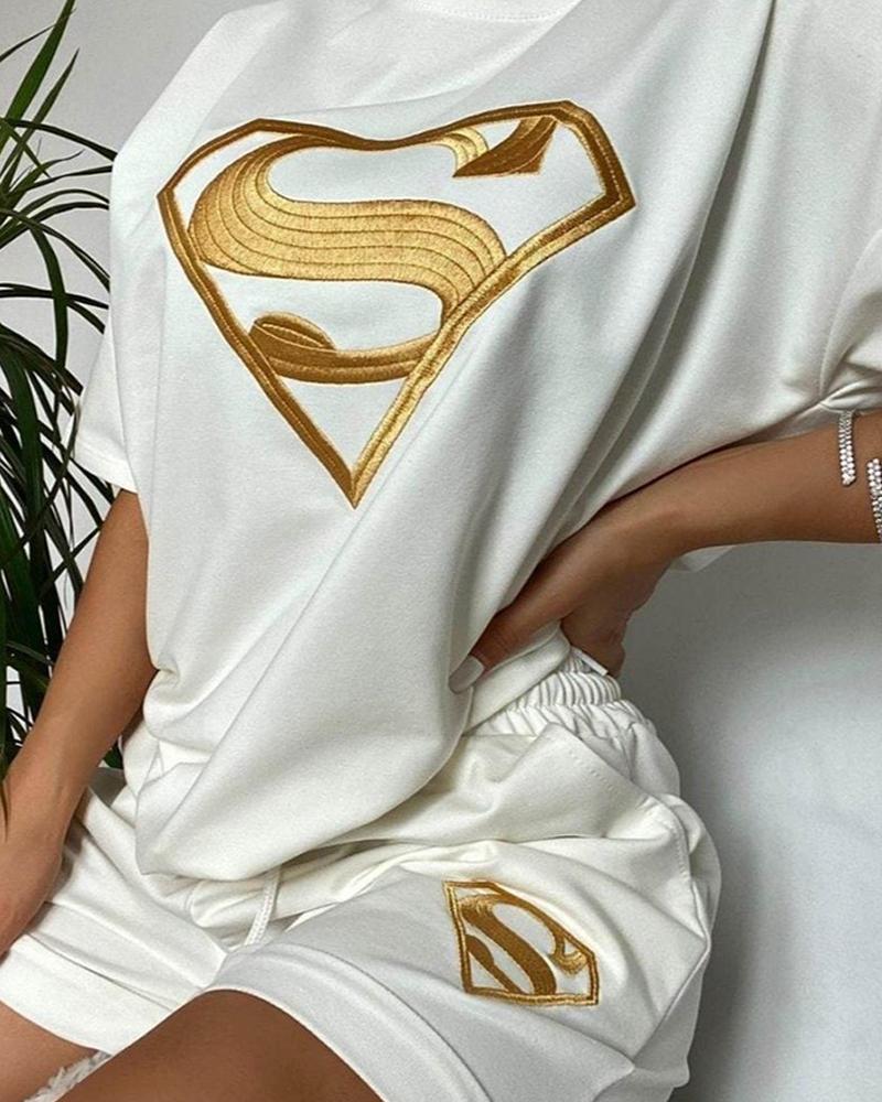 

Superman Pattern Embroidery Top & Drawstring Shorts Set, White