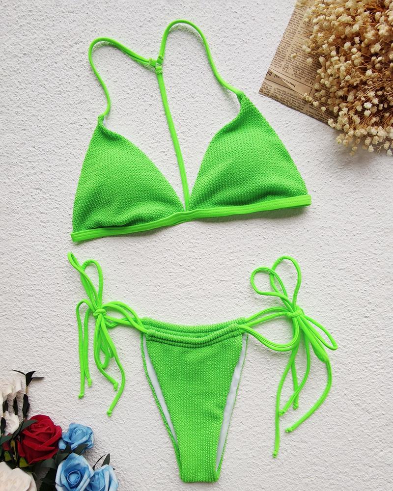 

Textured Halter Sleeveless Tied Detail Bikini Set, Green