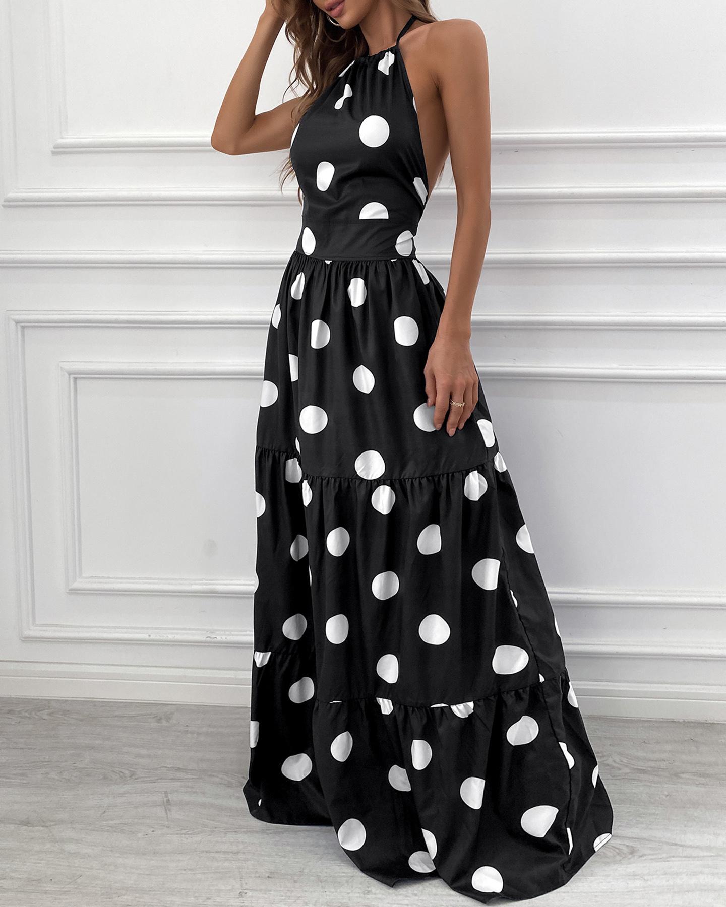 

Polka Dot Print Halter Backless Ruched Maxi Dress, Black