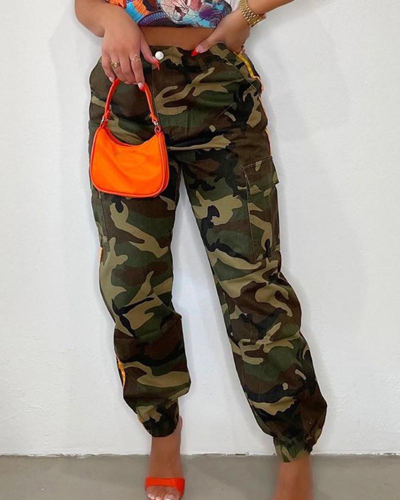 

Camouflage Print Colorblock Button Pocket Design Pants, Camoflage