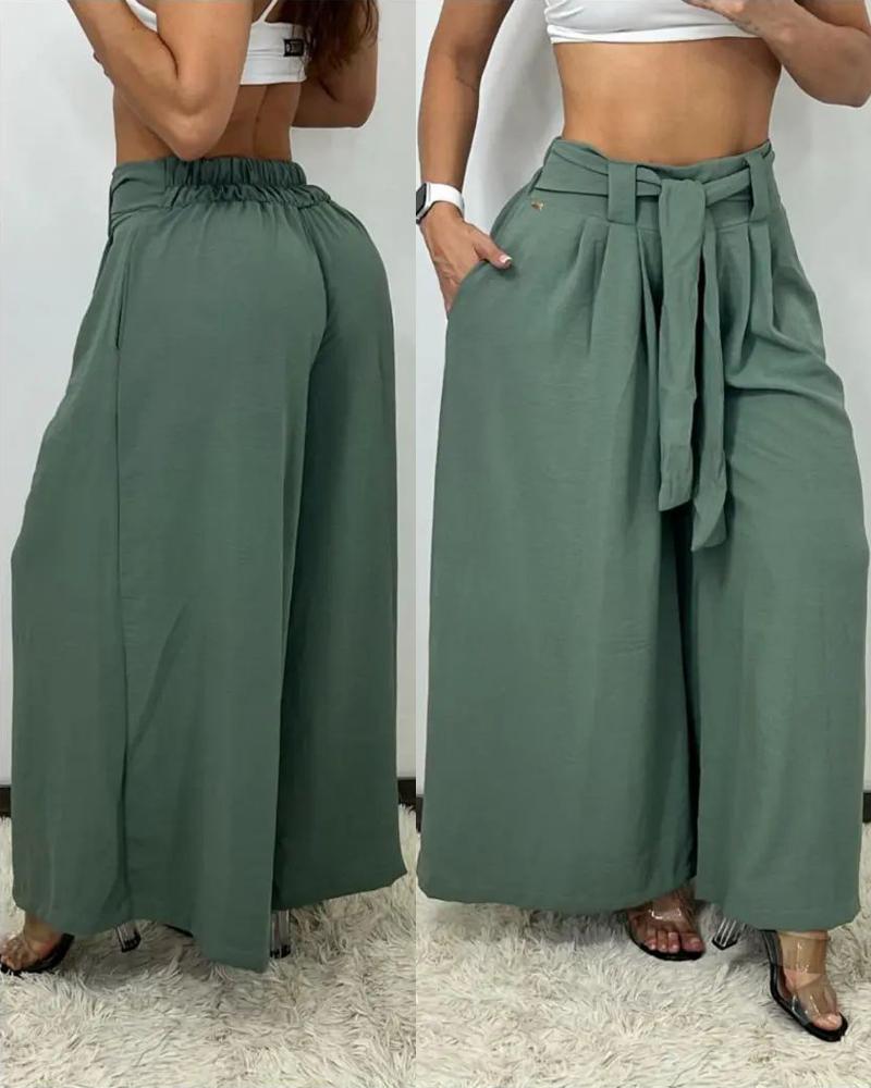 

Tied Detail Pocket Design Wide Leg Pants, Green