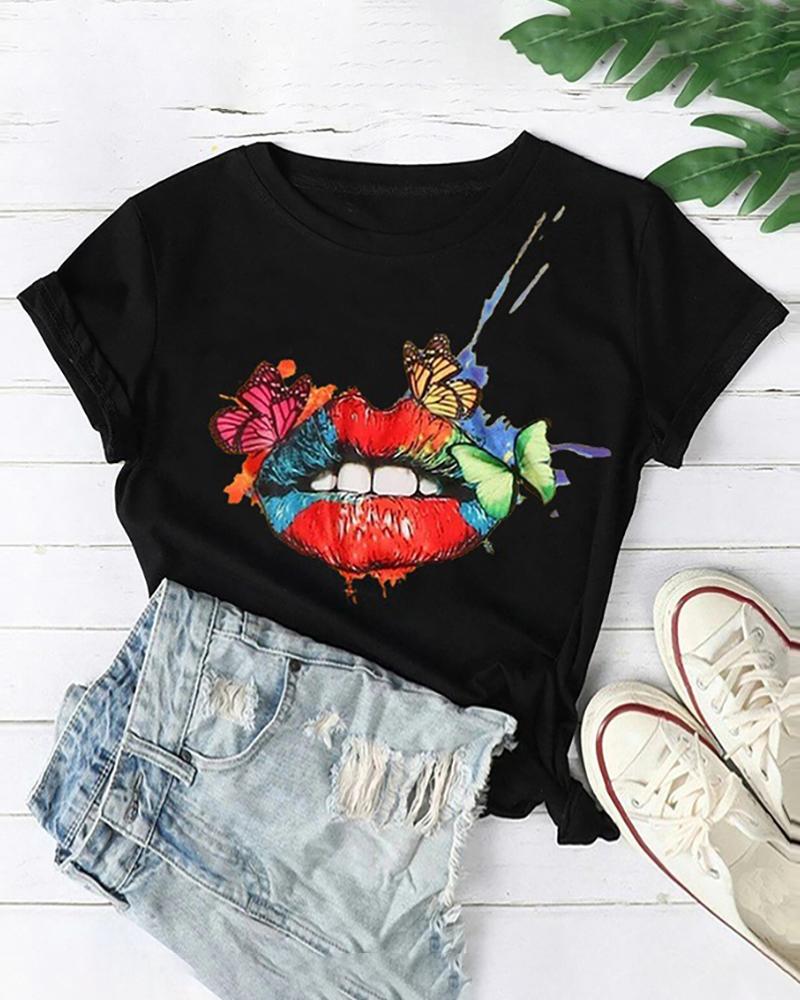 

Lip Butterfly Print Short Sleeve Casual T-shirt, Black