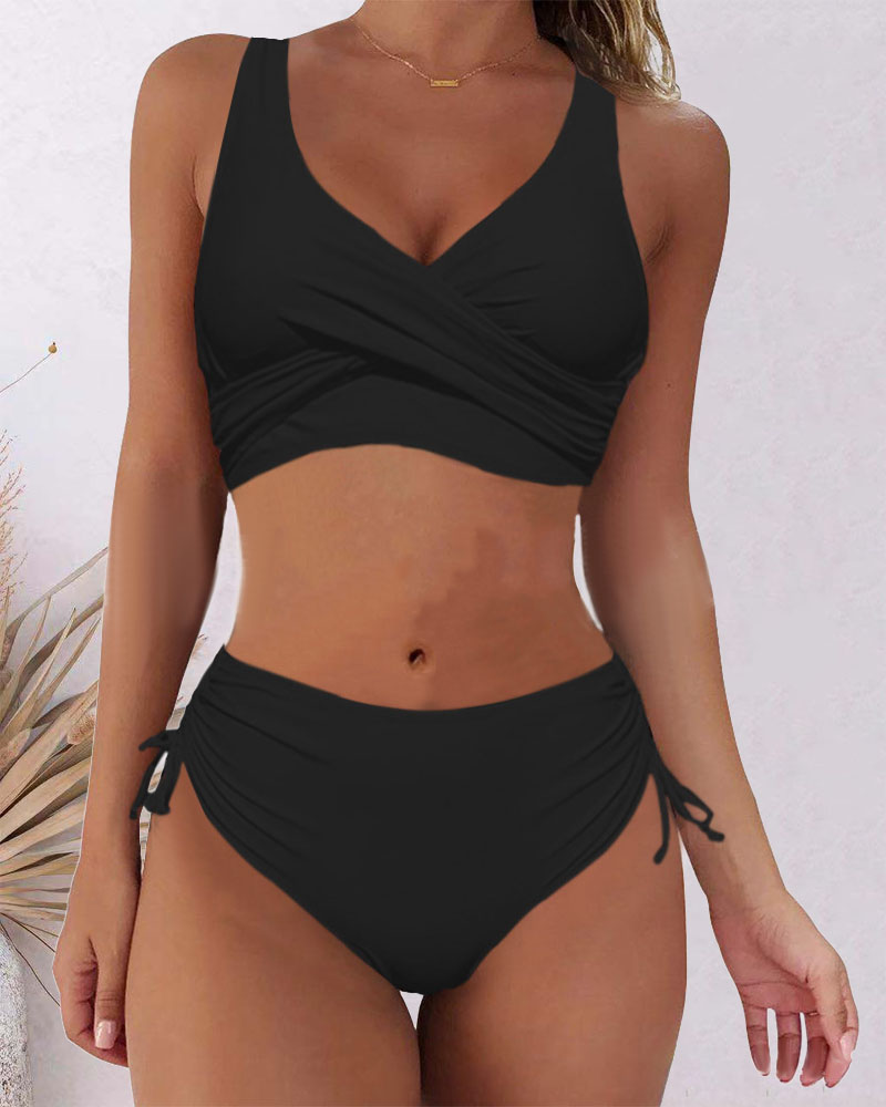 

Crisscross Drawstring Ruched High Waist Bikini Set, Black