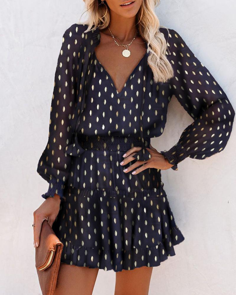 

Dot Print Lantern Sleeve Ruched Long Sleeve Dress, Purplish blue