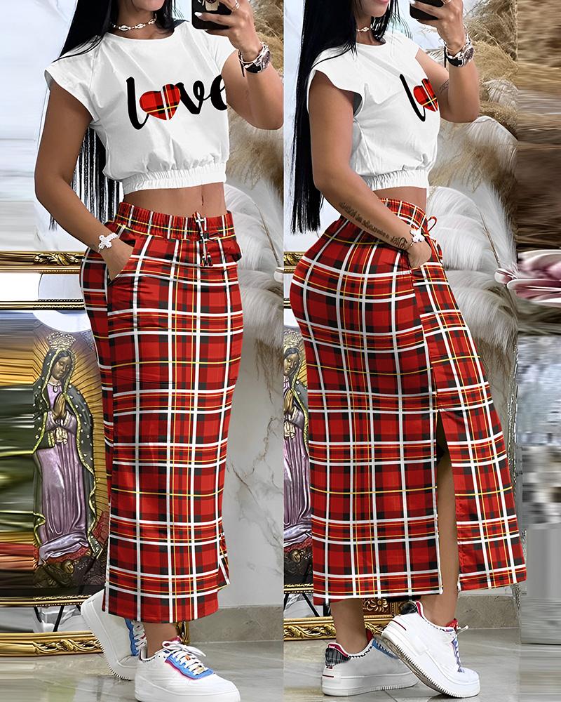 

Heart Letter Plaid Print Crop T-Shirt & Slit Drawstring Skirt Set, Red