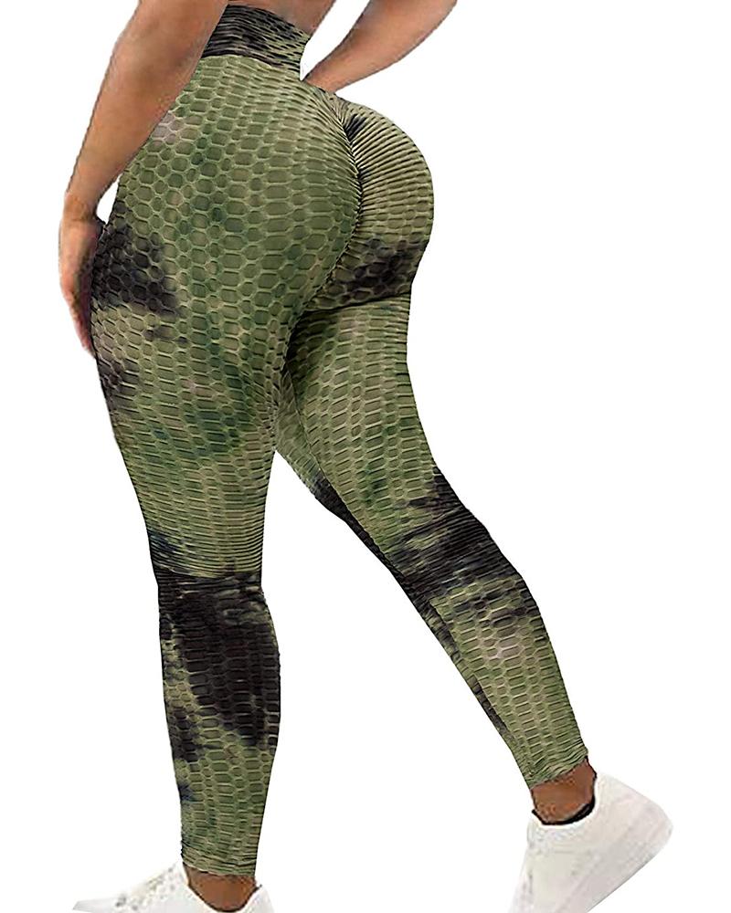 

Tie Dye Print Bubble Textured High Waist Yoga Pants Tummy Control Slimming Booty Leggings, Army green