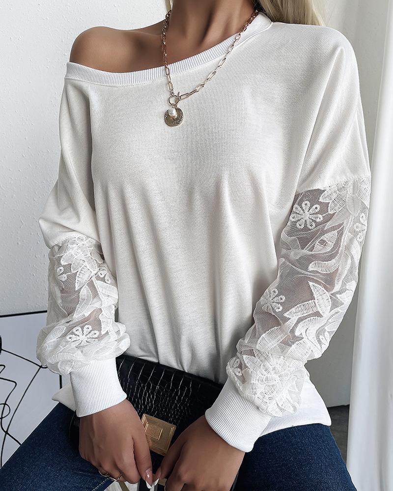 

Long Sleeve Mesh Floral Embroidery Sweatshirt, White