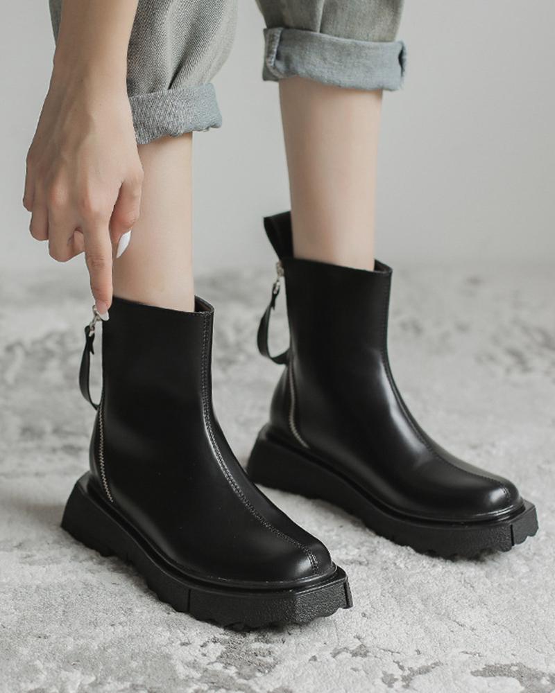 

Round-toe Side Zipper Tube Ankle Boots, Black