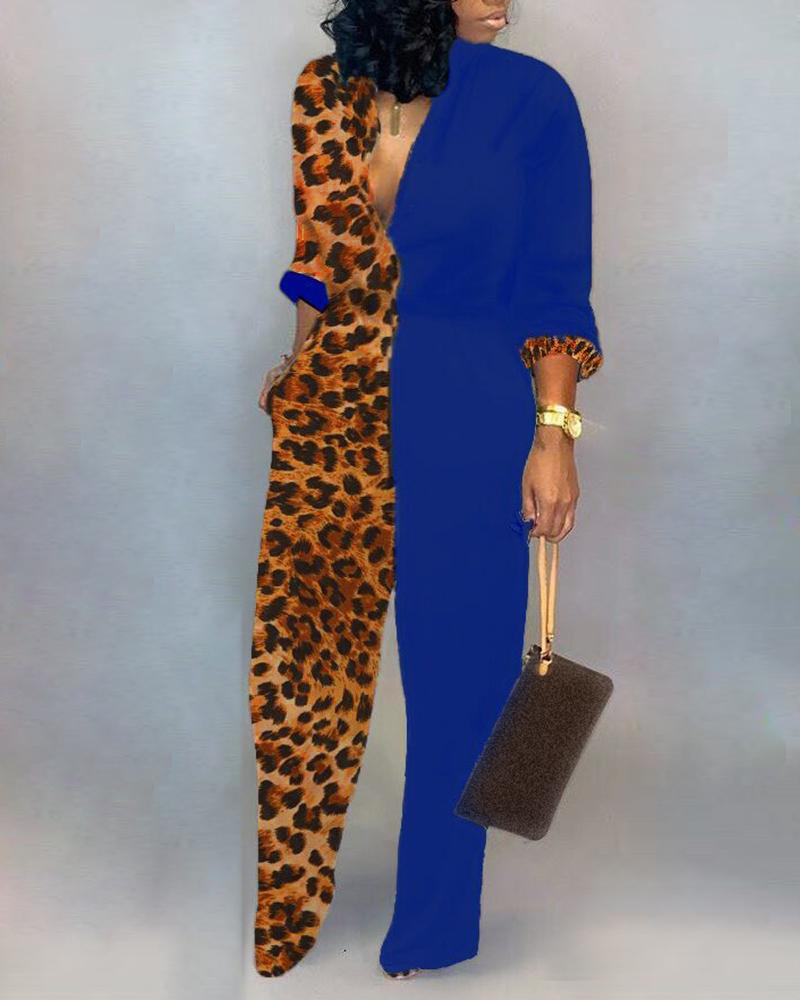 

Plunge Colorblock Insert Leopard Jumpsuit, Blue