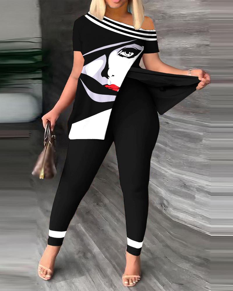 

Plus Size Abstract Figure Print Split Hem Top & Pants Set, Black