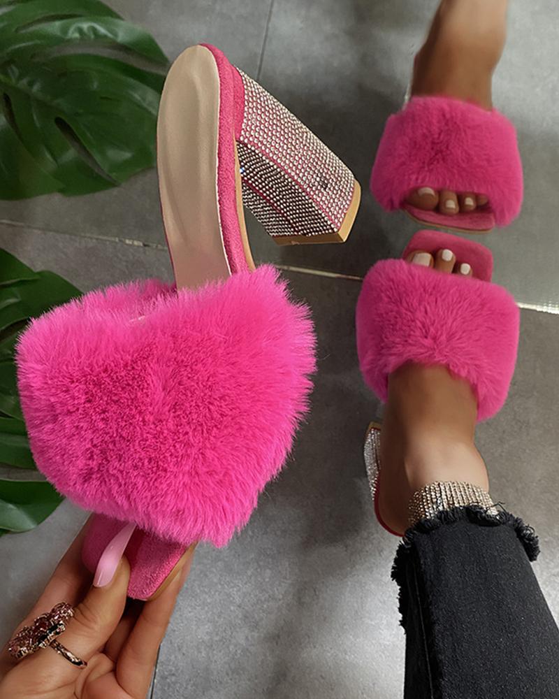 

Square-toe Solid Color Fluffy Heel Sandals, Hot pink
