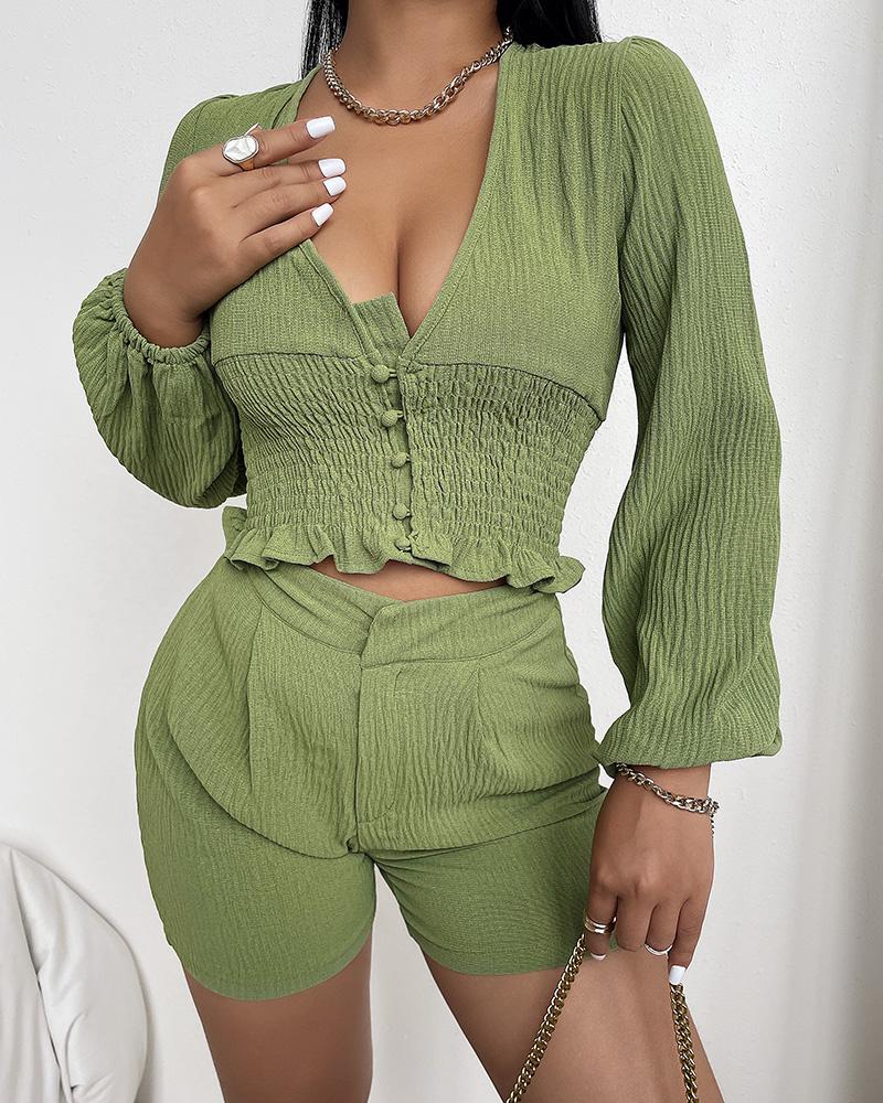 

Lantern Sleeve Buttoned Shirred Crop Top & Shorts Set, Green