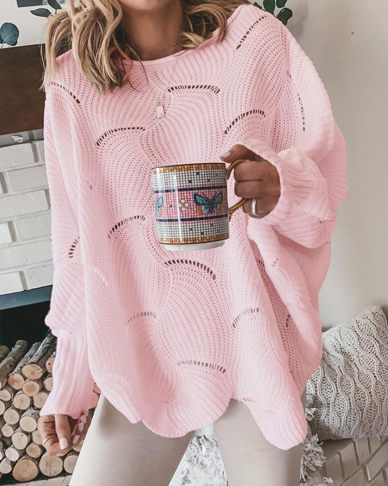 

Hollow Out Long Sleeve Plain Sweater, Pink
