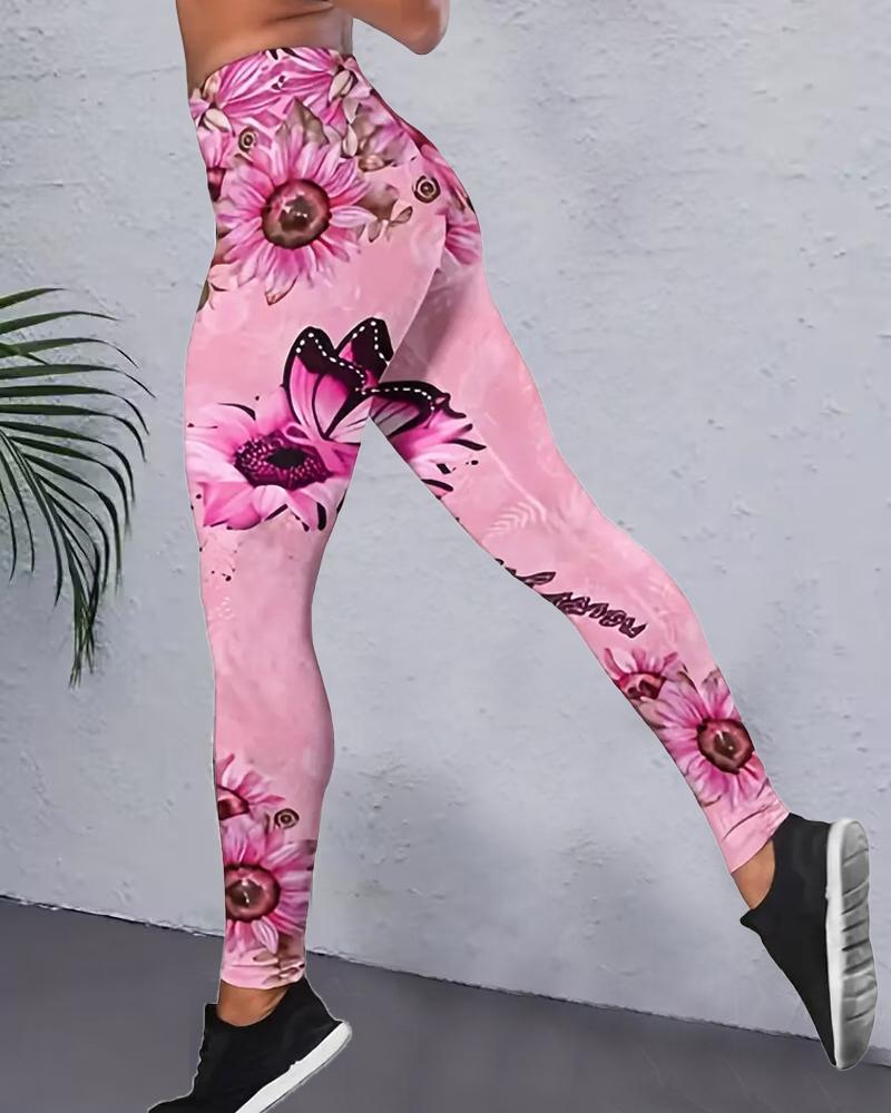 

Sunflower Butterfly Print High Waist Yoga Pants, Pink
