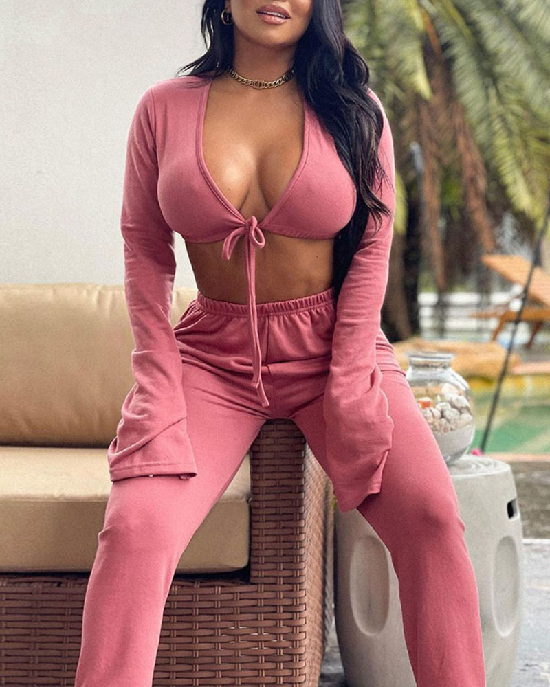 

Tie Front Bell Sleeve Crop Top & Pants Sets, Pink