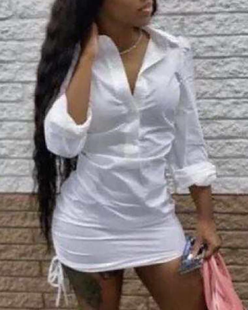 

Plain Long Sleeve Drawstring Shirt Dress, White