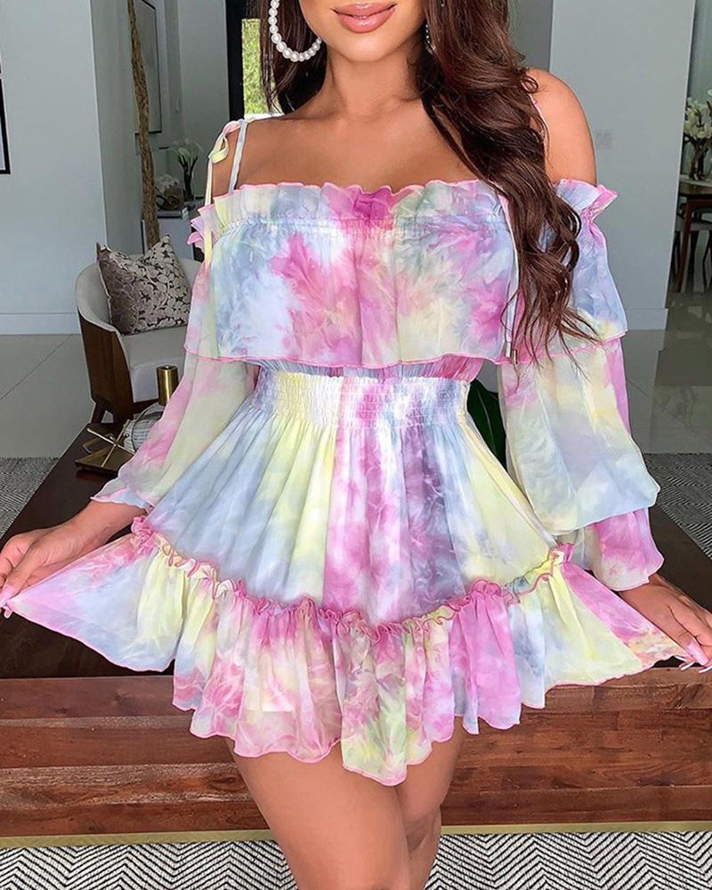 

Frill Hem Ruffles Shirring Detail Tie Dye Print Dress, Multicolor