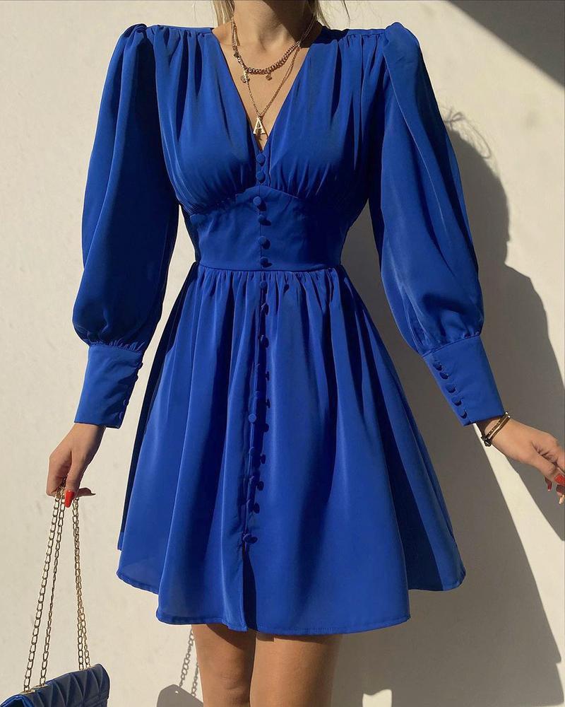 

Lantern Sleeve Buttoned V-Neck Casual Dress, Blue