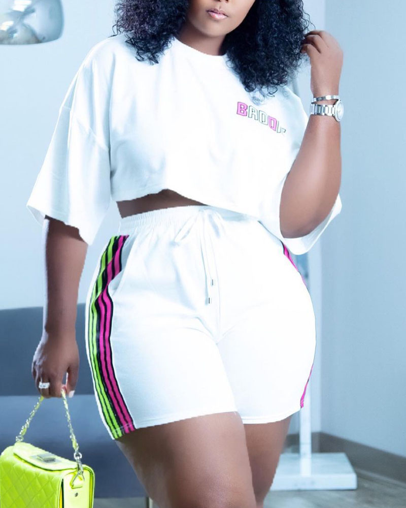 

Plus Size Letter Print Crop Top & Drawstring Shorts Set, White