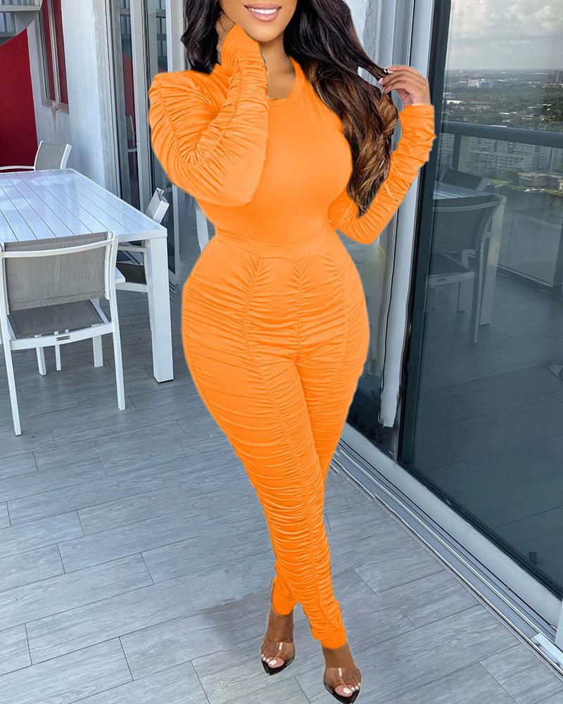 

Ruched Long Sleeve Top & High Waist Pants Set, Orange
