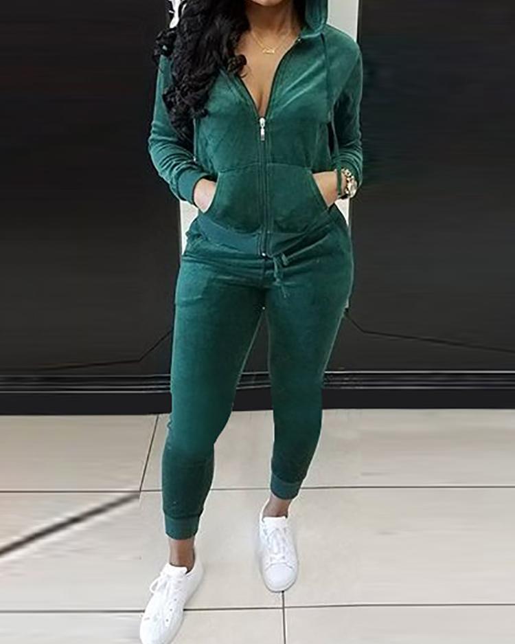 

Zipper Up Velvet Hoodies Drawstring Suit Set, Dark green
