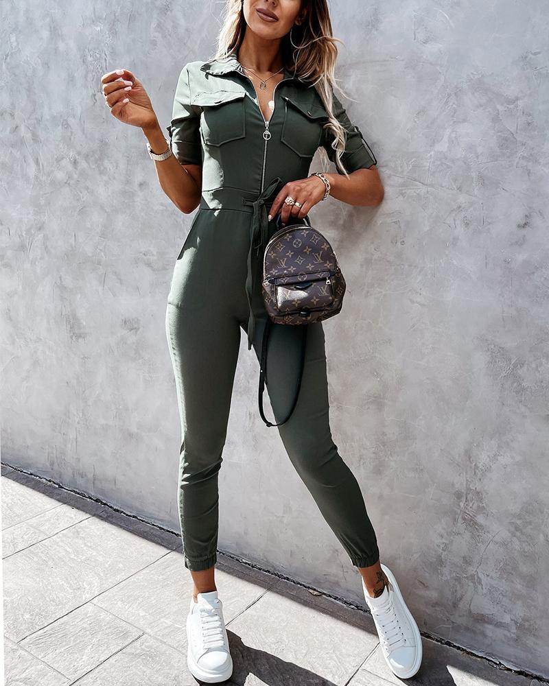 

Zipper Front Pocket Plain Straight Jumpsuit, Green