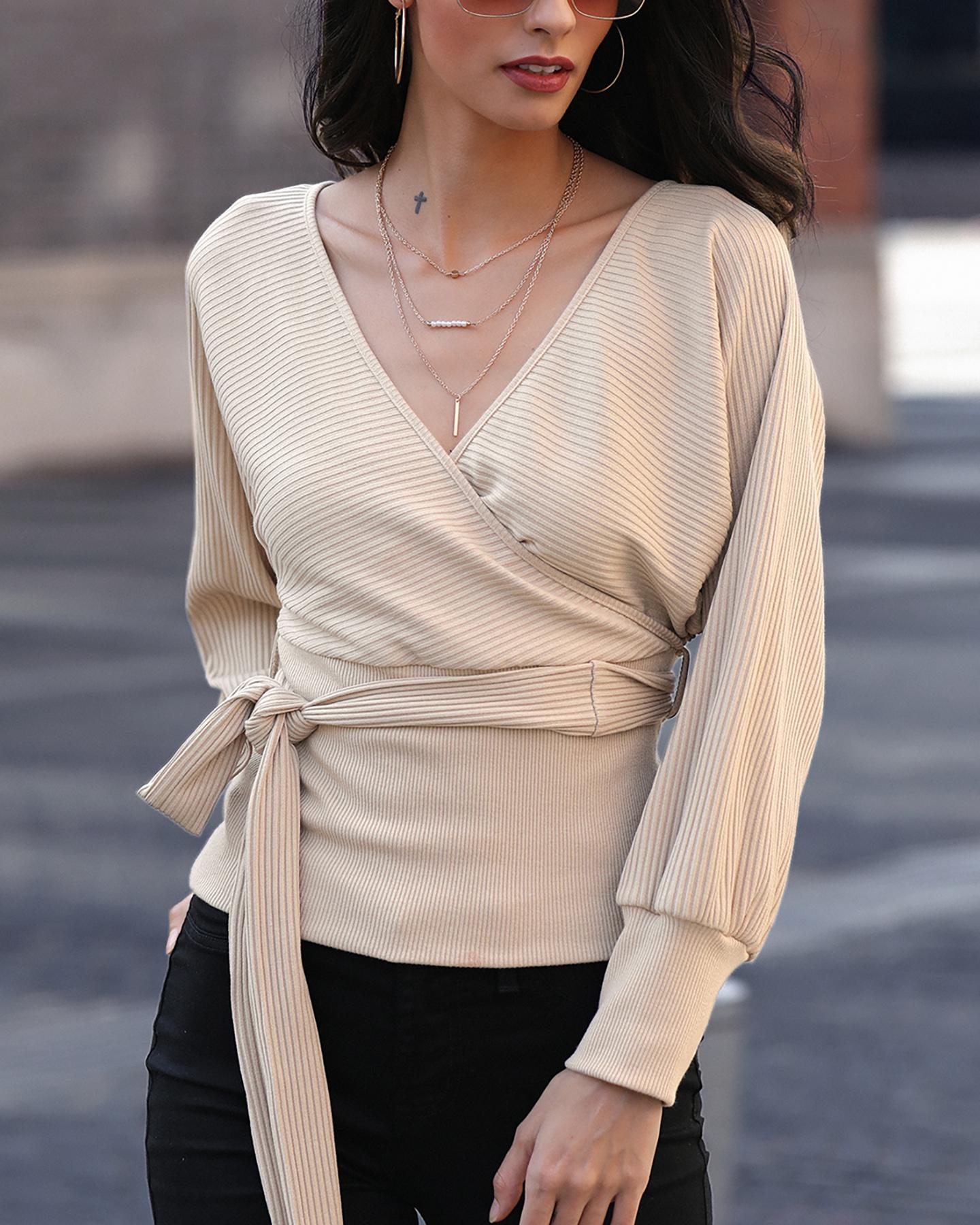 

V-Neck Long Sleeve Wrap Top, Khaki
