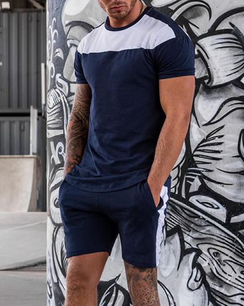 

Color Block Short Sleeve T-shirt With Short Pants Sport Suit Sets, Purplish blue