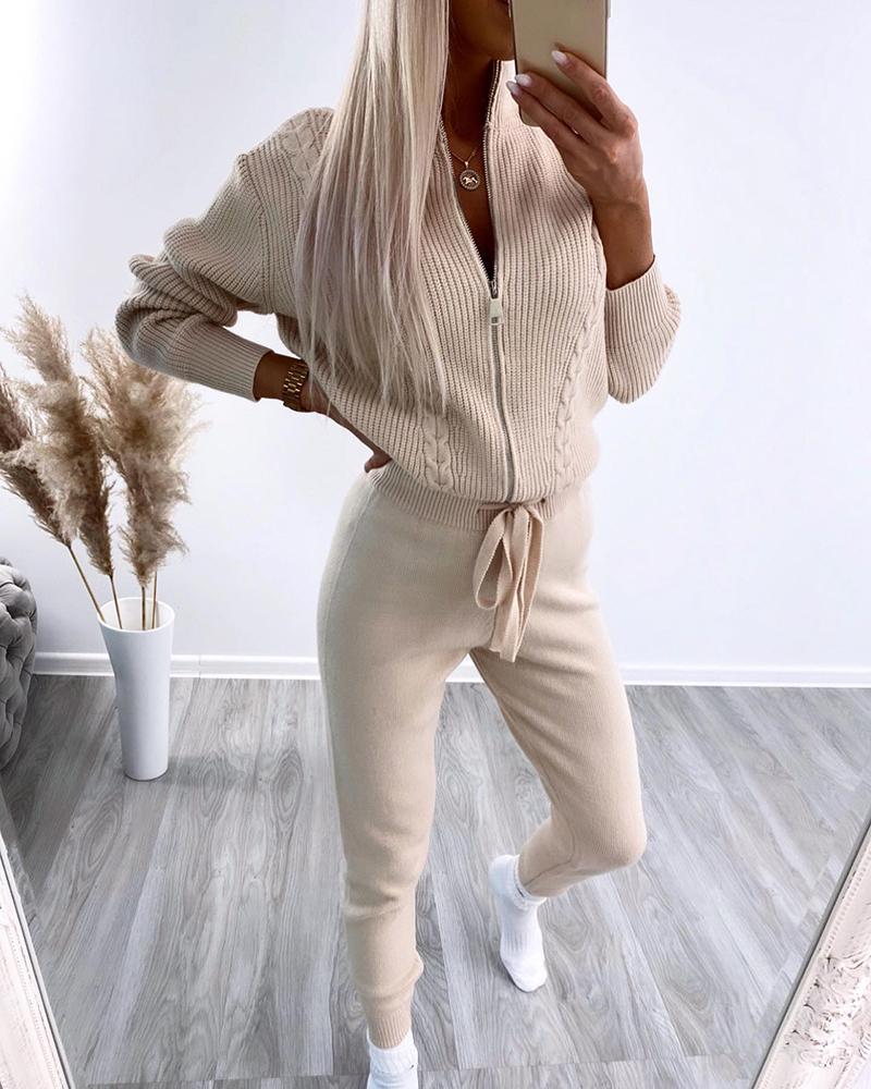 

Zipper Design Cable Knit Coat & Drawstring Pants Set, Apricot