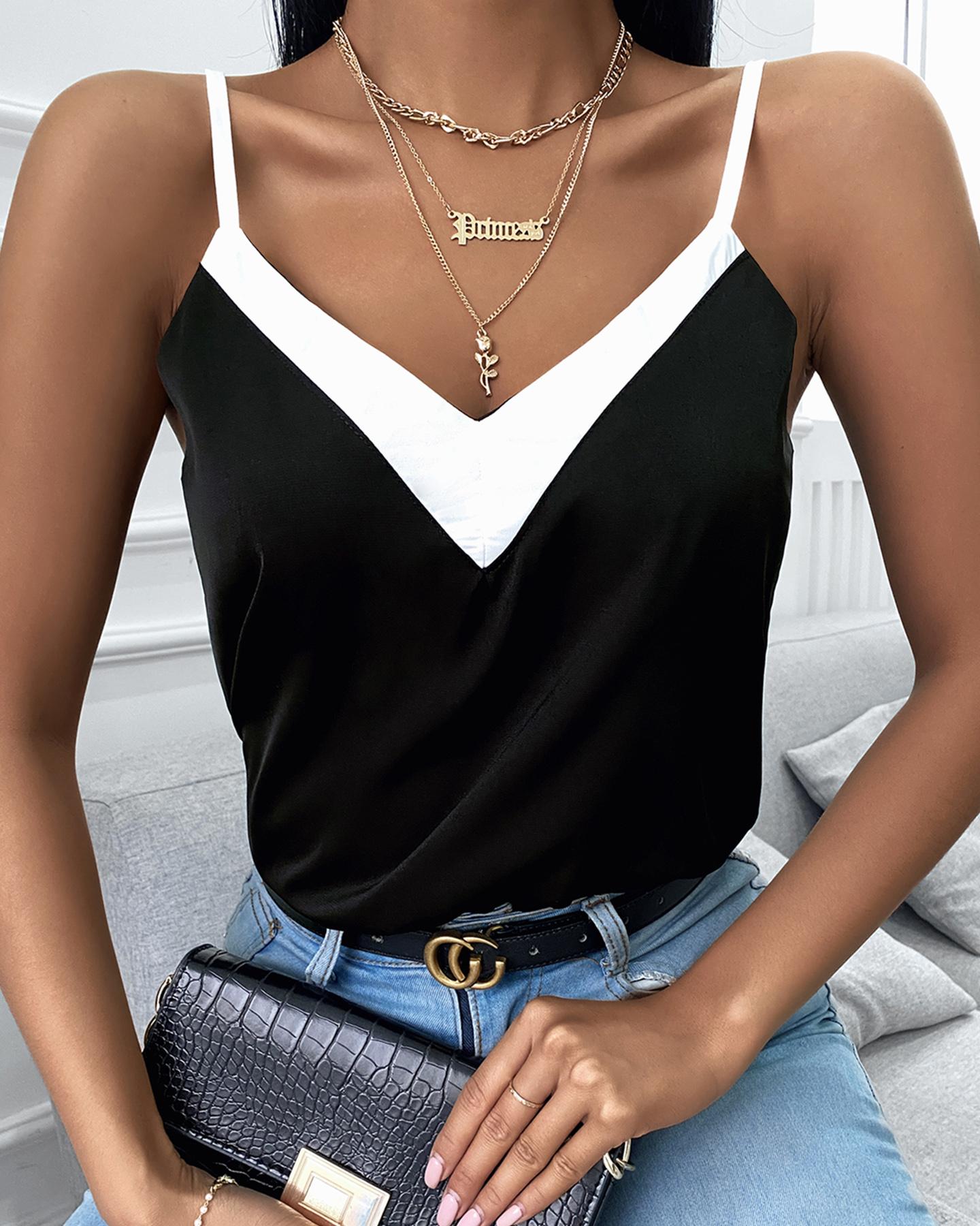 

Colorblock Spaghetti Strap V-Neck Top, Black