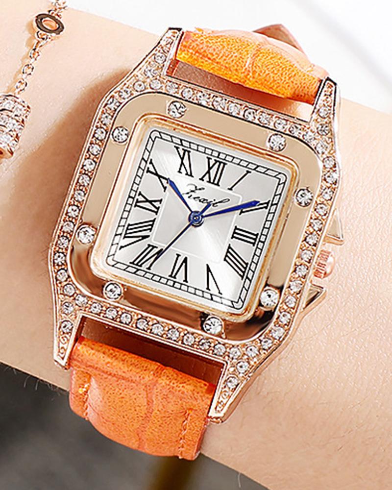 

1pc Rhinestone Leather Band Square Quartz Watch, Orange